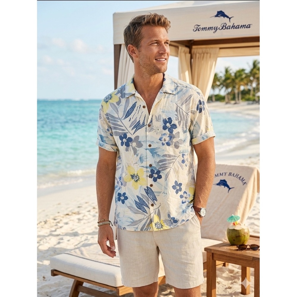 Tommy Bahama 100% Silk Large Tropical Floral Jacquard Camp Shirt Blue Yellow